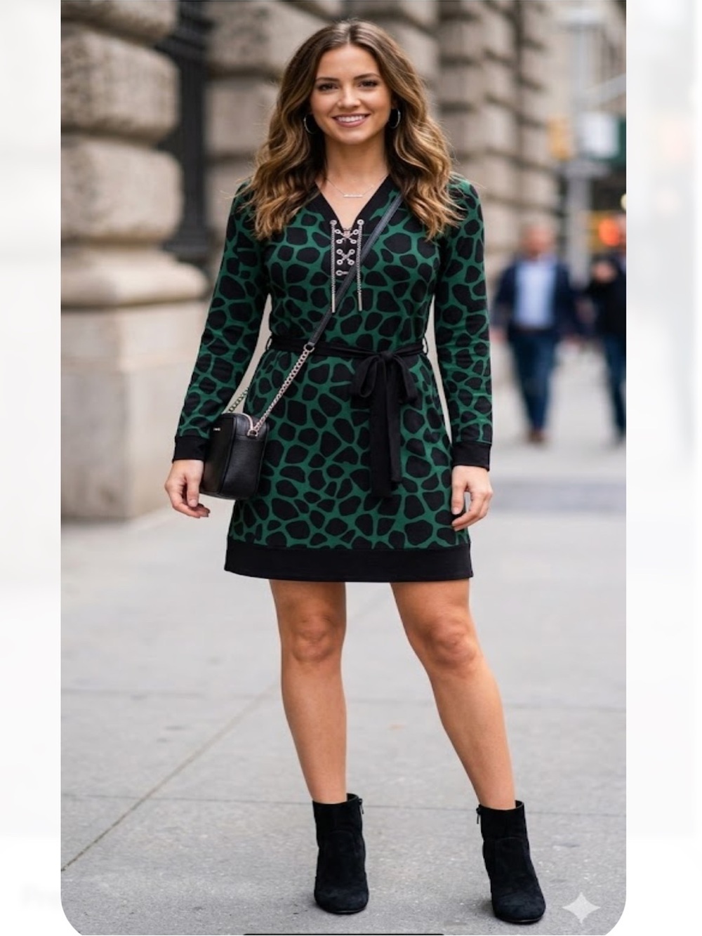 Michael Kors Green and Black Lace-Up Long Sleeve Dress